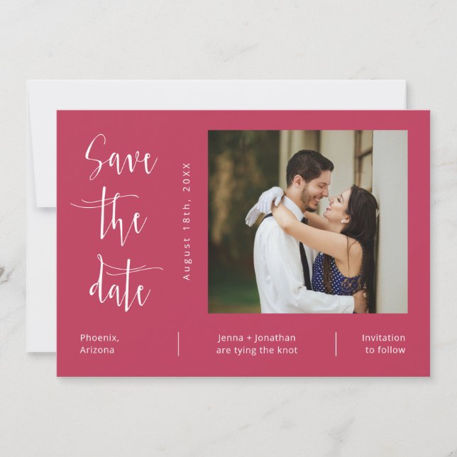 Elegant Magenta Script QR Code Photo Save the Date Invitation (Front)