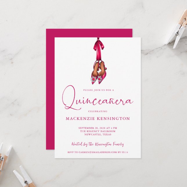 Elegant Magenta Sparkle High Heels Quinceañera Invitation (Front/Back In Situ)