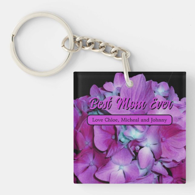 Elegant magenta teal floral romantic hydrangeas key ring (Front)