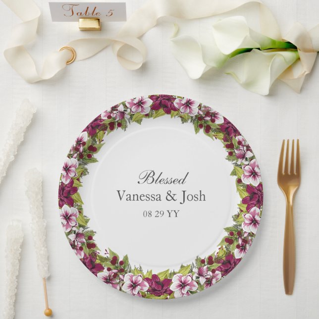 Elegant Magenta White Florals and Green Botanicals Paper Plate (Wedding)