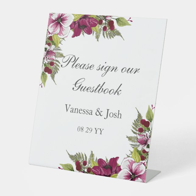 Elegant Magenta White Florals and Green Botanicals Pedestal Sign (Front)