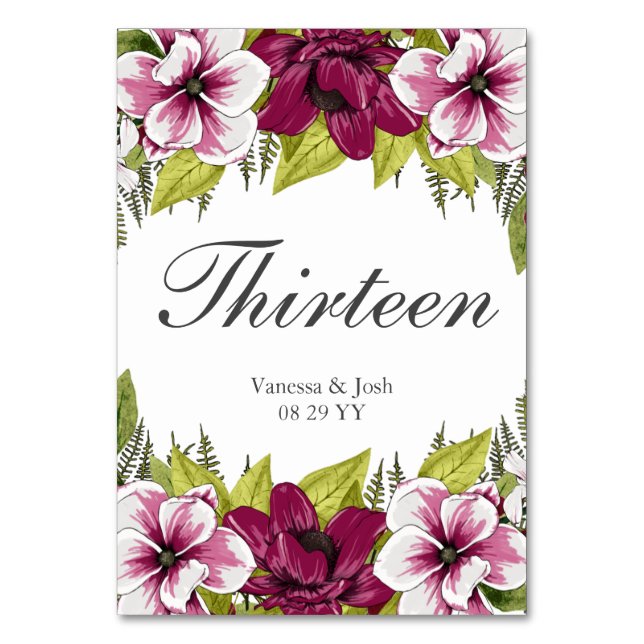 Elegant Magenta White Florals and Green Botanicals Table Number (Front)