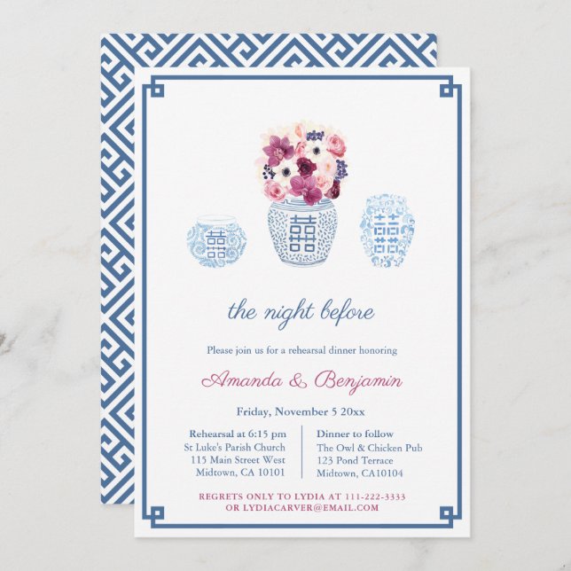 Elegant Magenta White Flowers Rehearsal Dinner Invitation (Front/Back)