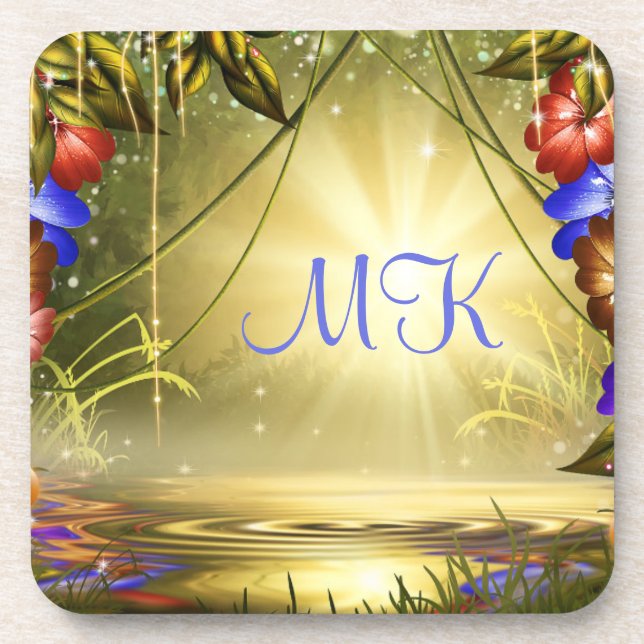 Elegant Magical Garden Over Lake Monogrammed Coaster (Front)