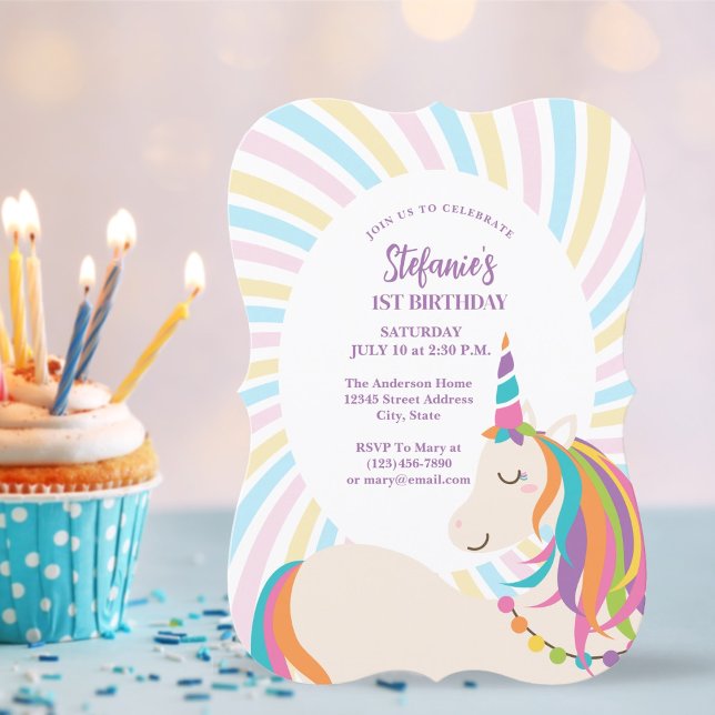 Elegant Magical Rainbow Unicorn Girl 1st Birthday Invitation (Creator Uploaded)