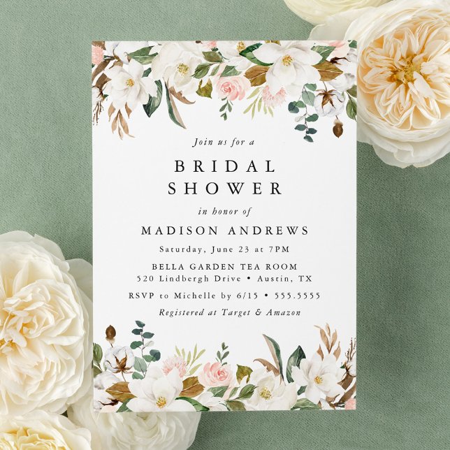 Elegant Magnolia and Blush Floral Bridal Shower Invitation (Creator Uploaded)
