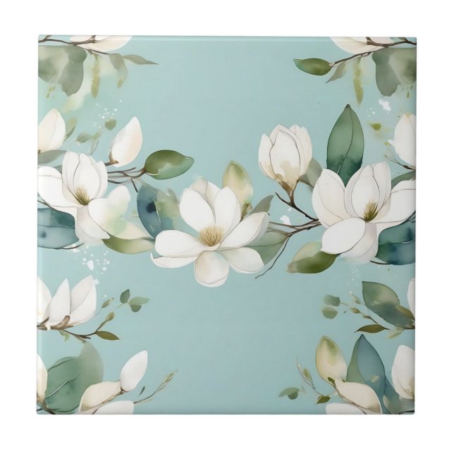 Elegant Magnolia and Greenery Garland Ceramic Tile (Front)