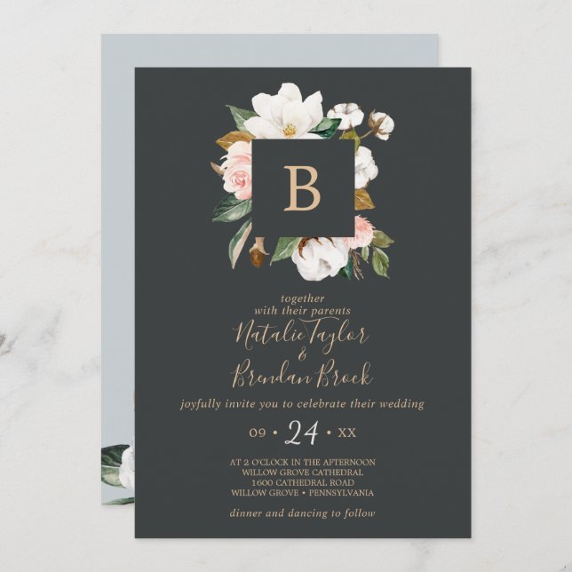 Elegant Magnolia | Black All In One Wedding Invitation (Front/Back)