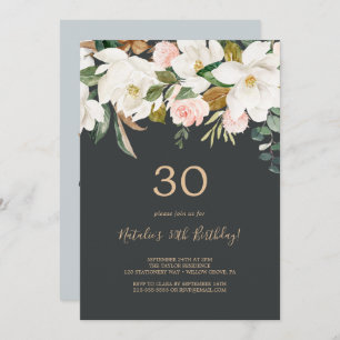 Elegant Magnolia   Black and White 30th Birthday Invitation