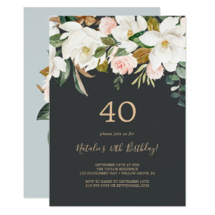 Elegant Magnolia | Black and White 40th Birthday Invitation