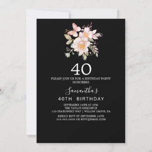 Elegant Magnolia   Black and White 40th Birthday  Invitation