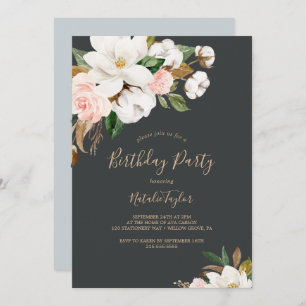 Elegant Magnolia   Black and White Birthday Party Invitation