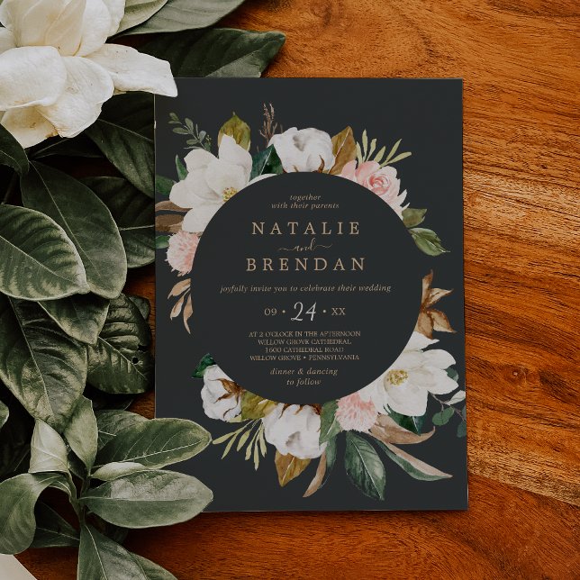 Elegant Magnolia | Black and White Casual Wedding Invitation (Creator Uploaded)