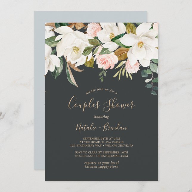 Elegant Magnolia | Black and White Couples Shower Invitation (Front/Back)