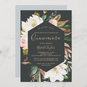 Elegant Magnolia   Black and White Quinceañera Invitation
