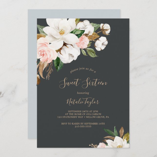 Elegant Magnolia | Black and White Sweet Sixteen Invitation (Front/Back)