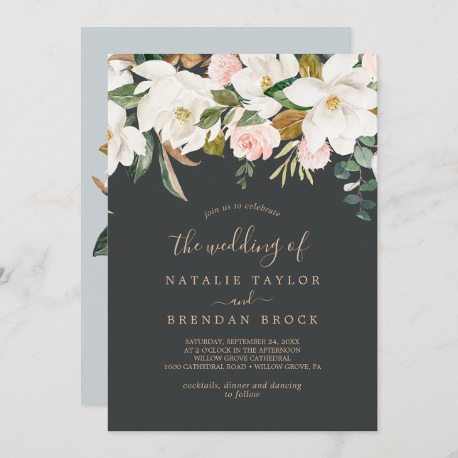 Elegant Magnolia | Black and White The Wedding Of Invitation (Front/Back)