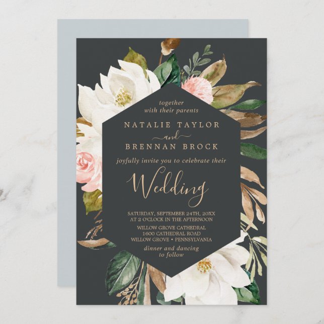 Elegant Magnolia | Black and White Wedding Invitation (Front/Back)
