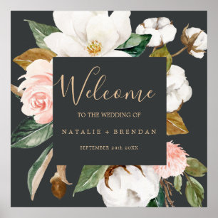 Elegant Magnolia   Black and White Welcome Wedding Poster