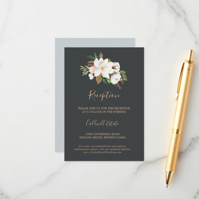 Elegant Magnolia | Black Reception Insert Card (Front/Back In Situ)