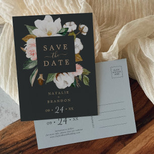 Elegant Magnolia   Black Save the Date Postcard
