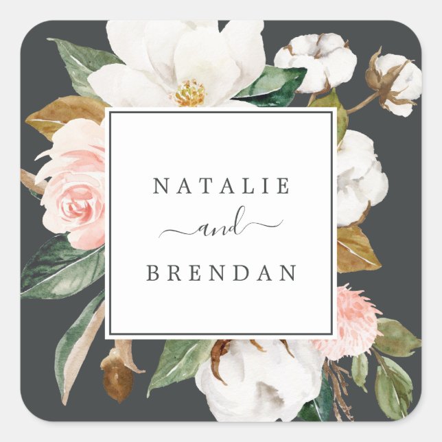 Elegant Magnolia | Black Wedding Envelope Seals (Front)