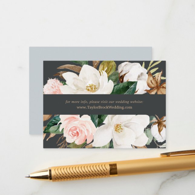 Elegant Magnolia | Black Wedding Website Enclosure Card (Front/Back In Situ)