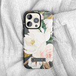 Elegant Magnolia | Black & White Personalised Name iPhone XR Case<br><div class="desc">This elegant magnolia black and white personalised name phone case is the perfect gift for her. The moody floral design features watercolor blush pink peonies, stunning white magnolia flowers and cotton with gold and green leaves in a luxurious arrangement on a dark background. Personalise the case with her first or...</div>