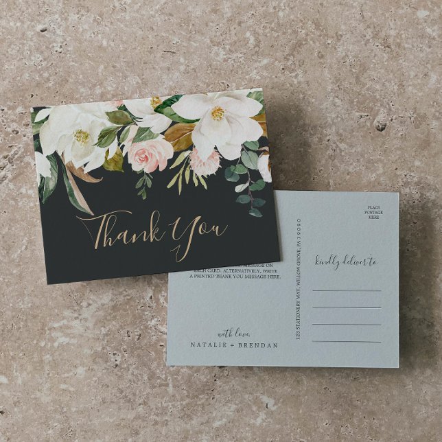 Elegant Magnolia Black & White Thank You Postcard (Creator Uploaded)