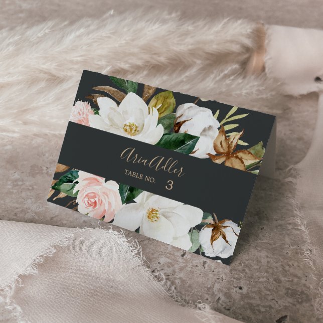 Elegant Magnolia Black & White Wedding Place Cards (Creator Uploaded)
