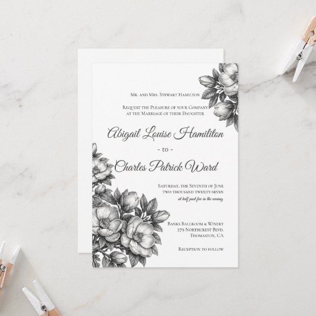 Elegant Magnolia Blossom Wedding Invitation (Front/Back In Situ)
