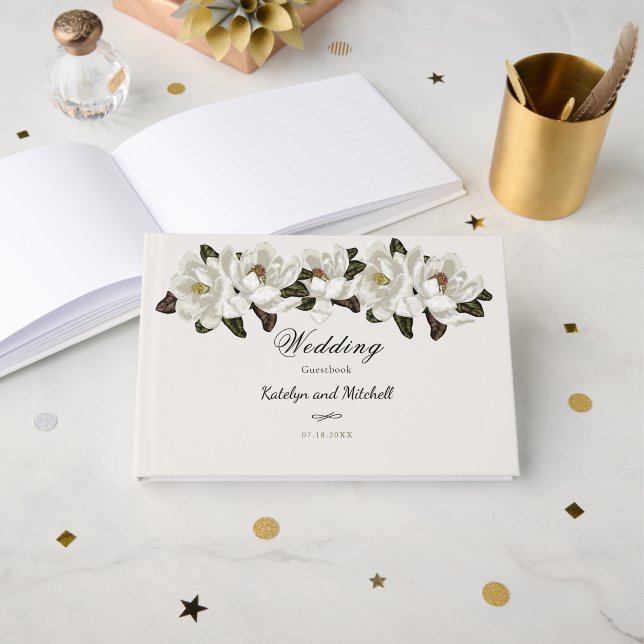 Elegant Magnolia blossoms Wedding Guest Book (Front Open)