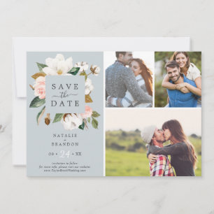 Elegant Magnolia   Blue Grey 3 Photo Collage Save The Date