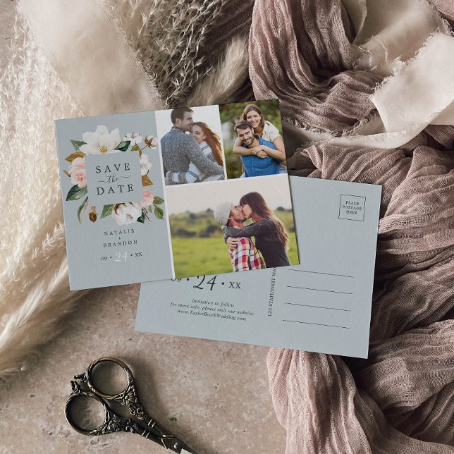 Elegant Magnolia | Blue Grey 3 Photo Save the Date Invitation Postcard (Creator Uploaded)