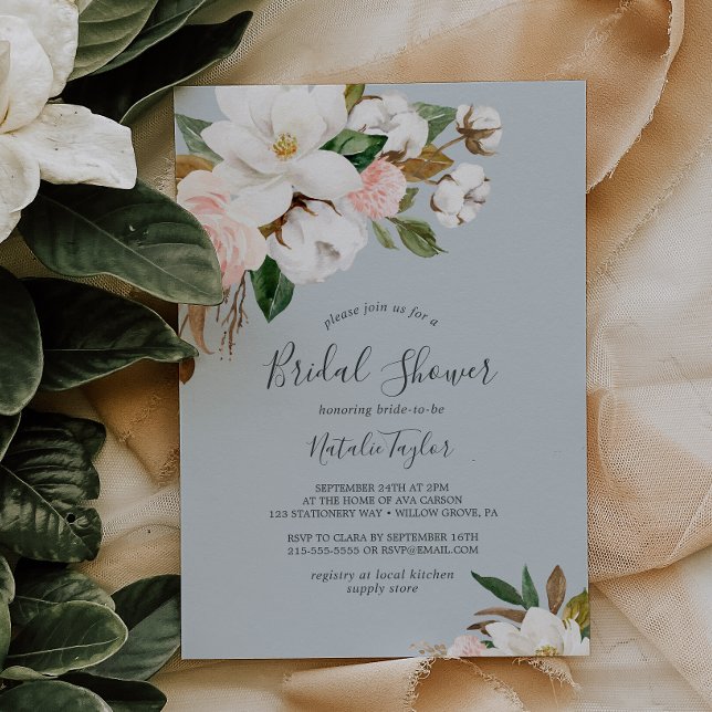 Elegant Magnolia | Blue Grey Bridal Shower Invitation (Creator Uploaded)