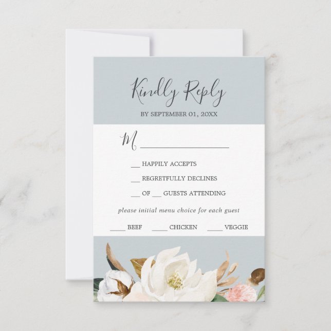 Elegant Magnolia | Blue Grey Menu Choice RSVP Card (Front)