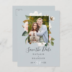 Elegant Magnolia Blue Grey Photo Save the Date Invitation Postcard