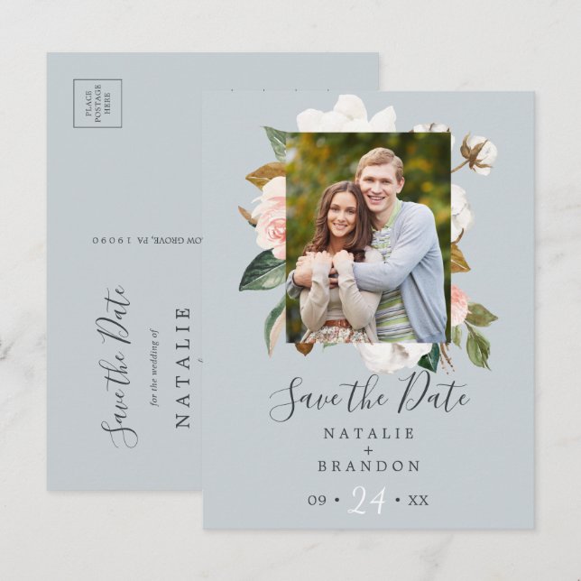 Elegant Magnolia | Blue Grey Photo Save the Date Invitation Postcard (Front/Back)
