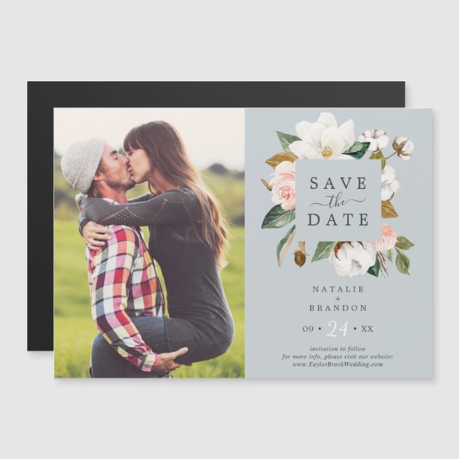 Elegant Magnolia | Blue Grey Photo Save the Date Magnetic Invitation (Front/Back)