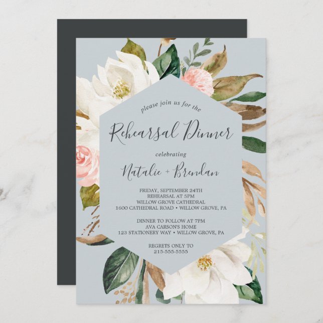 Elegant Magnolia Blue Grey Rehearsal Dinner Invitation (Front/Back)