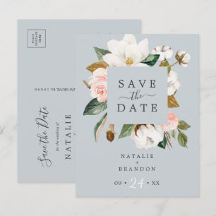 Elegant Magnolia Blue Grey Save the Date Postcard