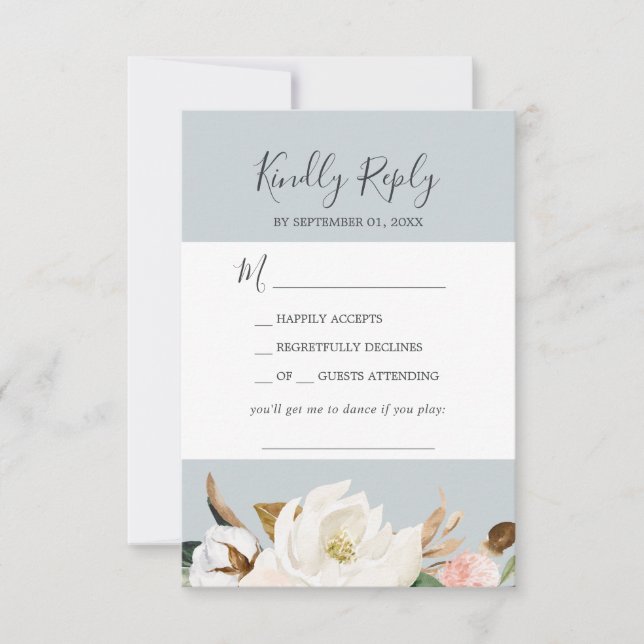 Elegant Magnolia Blue Grey Song Request RSVP Card (Front)