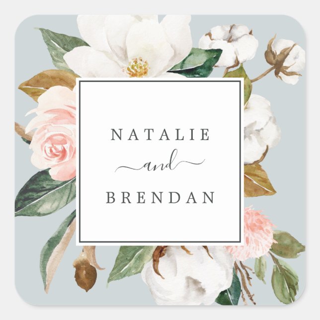 Elegant Magnolia Blue Grey Wedding Envelope Seals (Front)