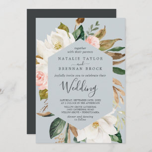 Elegant Magnolia Blue Grey Wedding Invitation
