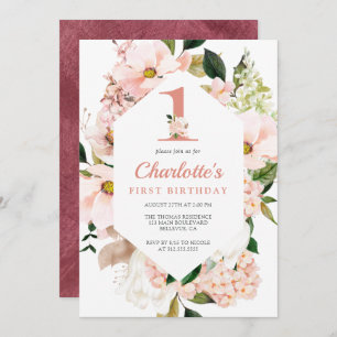 Elegant Magnolia Blush Pink Floral First Birthday Invitation
