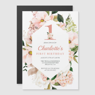 Elegant Magnolia Blush Pink Floral First Birthday Magnetic Invitation