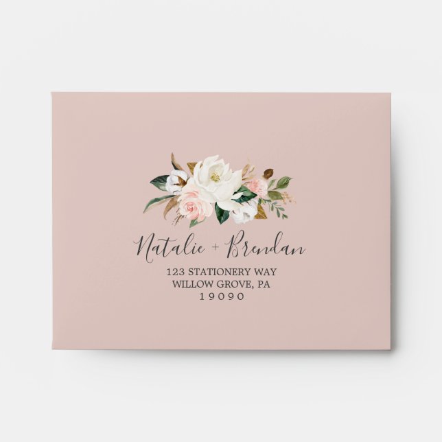 Elegant Magnolia | Blush Self-Addressed RSVP Envelope (Front)