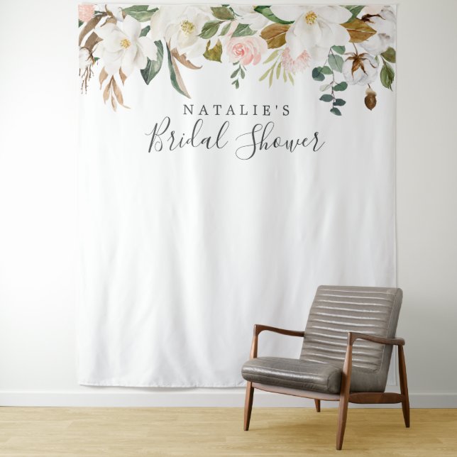 Elegant Magnolia Bridal Shower Photo Prop Backdrop Tapestry (In Situ)