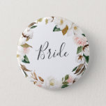 Elegant Magnolia Bride Bridal Shower 6 Cm Round Badge<br><div class="desc">This elegant magnolia bride bridal shower button is perfect for a modern classy wedding shower. The soft floral design features watercolor blush pink peonies,  stunning white magnolia flowers and cotton with gold and green leaves in a luxurious arrangement.</div>