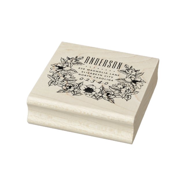 Elegant Magnolia Custom Family Name Return Address Rubber Stamp (Stamp)